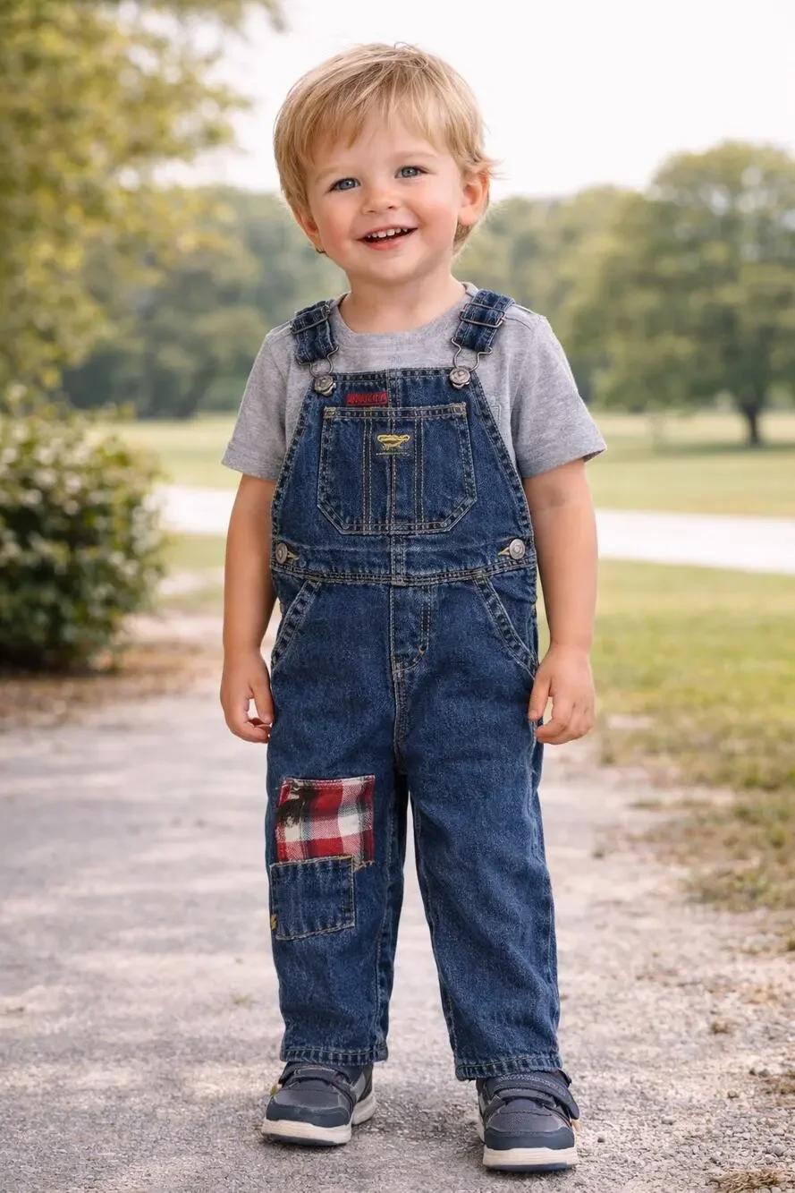 Oshkosh B'gosh Patchwork Deer Blue Denim Overalls Big Kids 24M